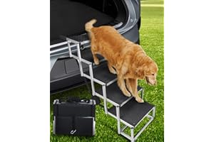 Jovrun Foldable Dog Car Ramp for Large Dogs, 5 Steps Portable Large Dog Steps for Car Truck SUV High Bed, Aluminum Stairs with Non-Slip Surface, Outdoor Ramp Stairs for Dogs Max Up to 200lbs