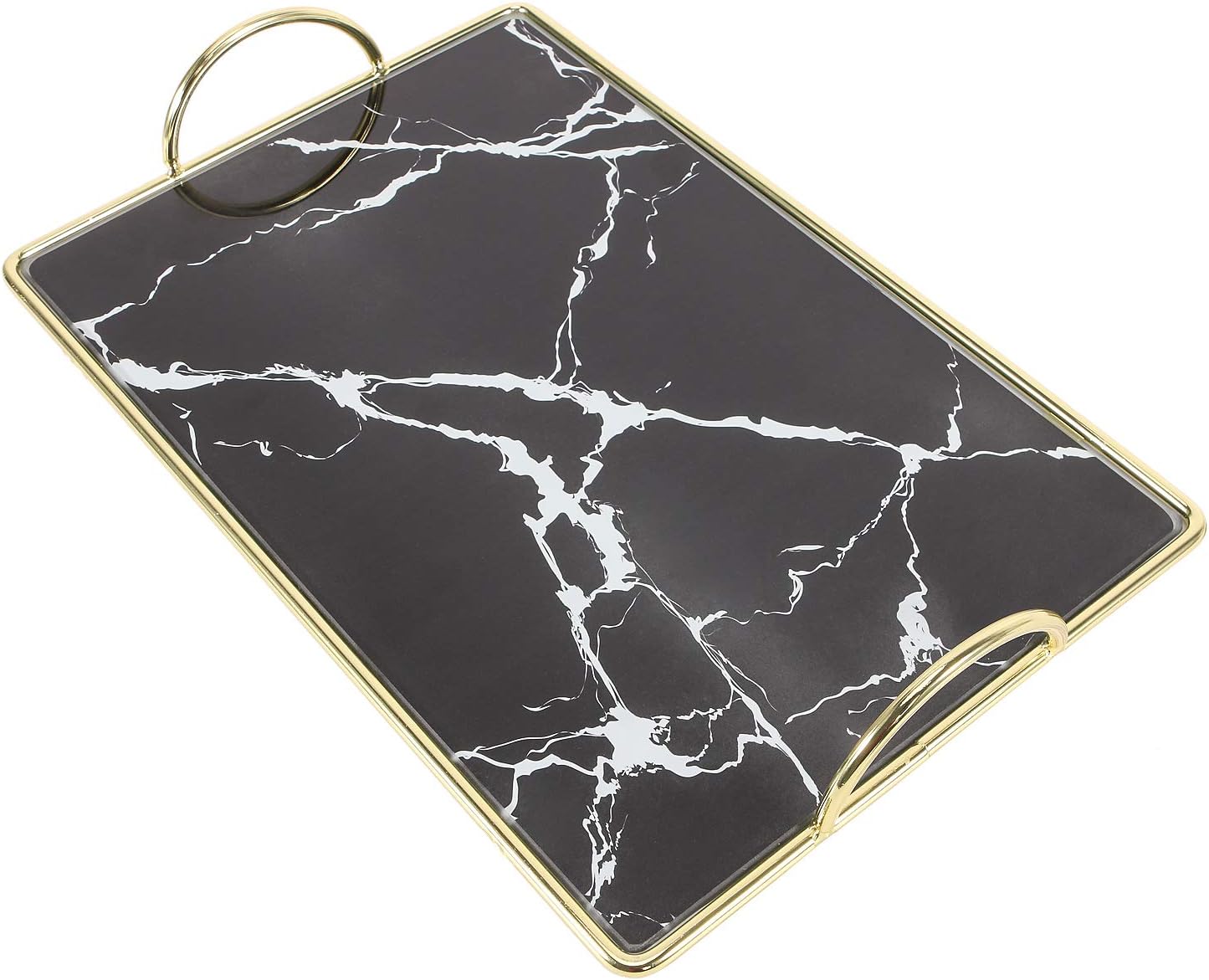 Simmer Stone Makeup Organizer Tray, Decorative Glass Vanity Tray for Perfume, Makeup, Jewelry and Decor, Rectangular Cosmetic Storage for Dresser, Counter and Coffee Table, Whiten Black Marbling