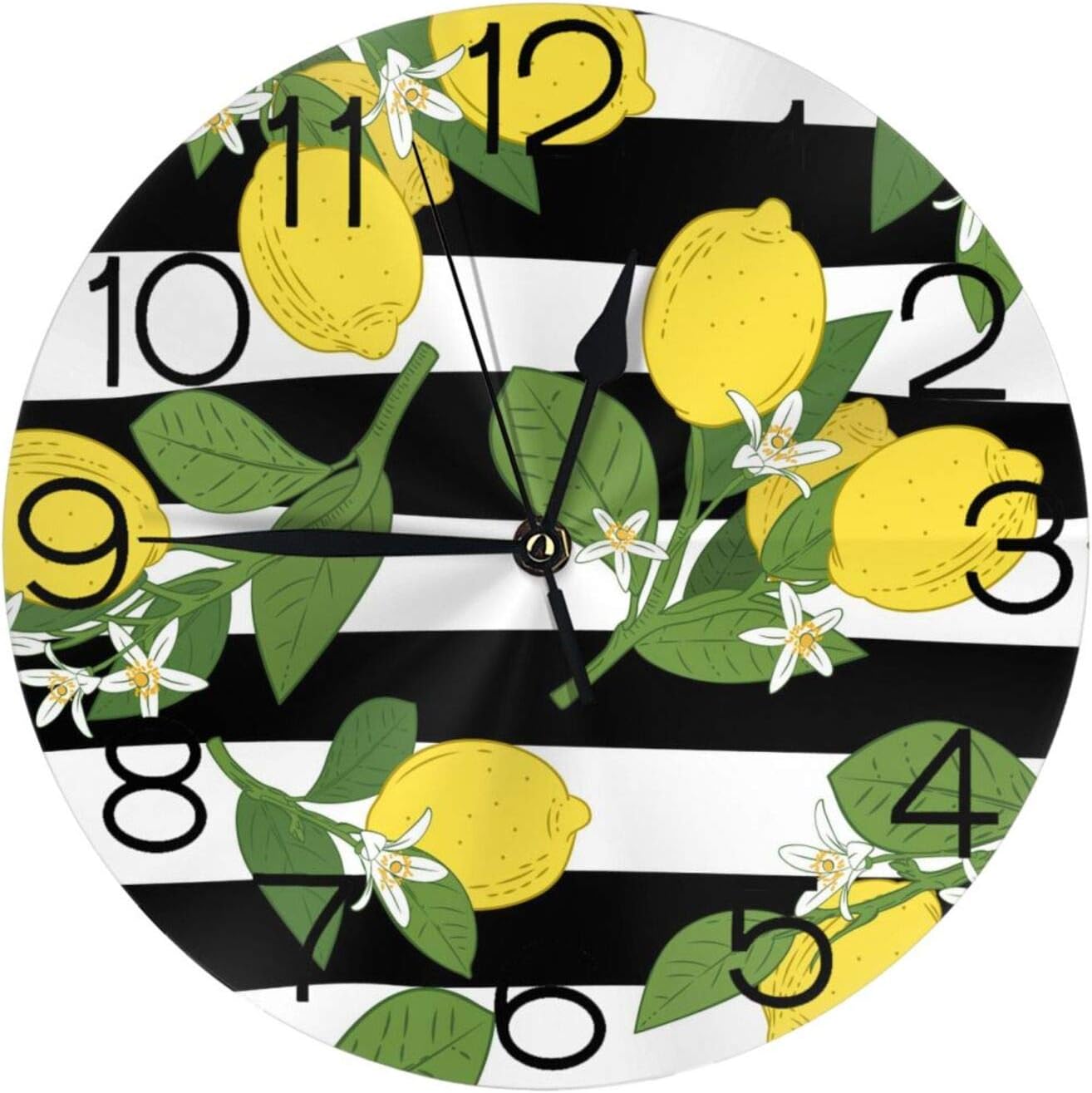 Yellow Lemon Pattern with Black and White Stripes Wall Clock Silent Non-Ticking 10 Inch Round Wall Clock Home Decor Clock Art for Living Room Kitchen Bedroom