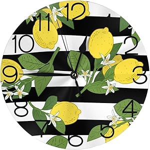 Yellow Lemon Pattern with Black and White Stripes Wall Clock Silent Non-Ticking 10 Inch Round Wall Clock Home Decor Clock Art for Living Room Kitchen Bedroom