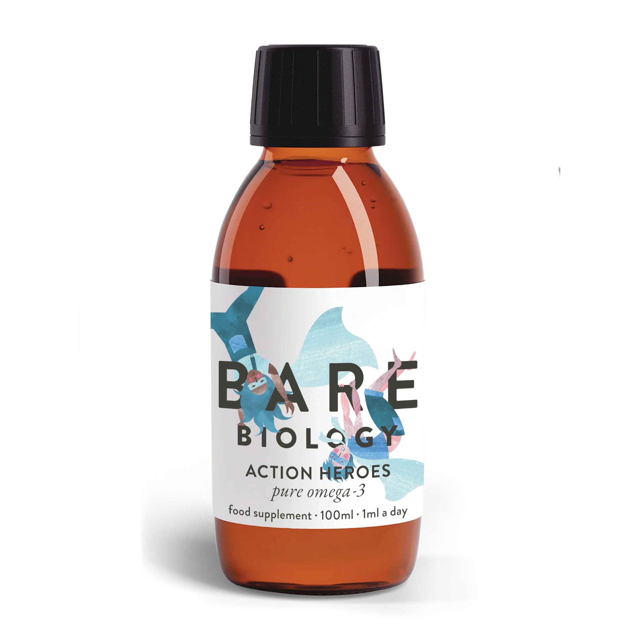 Bare Biology Omega 3 for Kids - Action Heroes Omega 3 Liquid (100ml, 20-100 Servings) Pure Fish Oil, EPA 94mg DHA 470mg, Supports Brain Function & Eyes, 6 Months - 12 Years