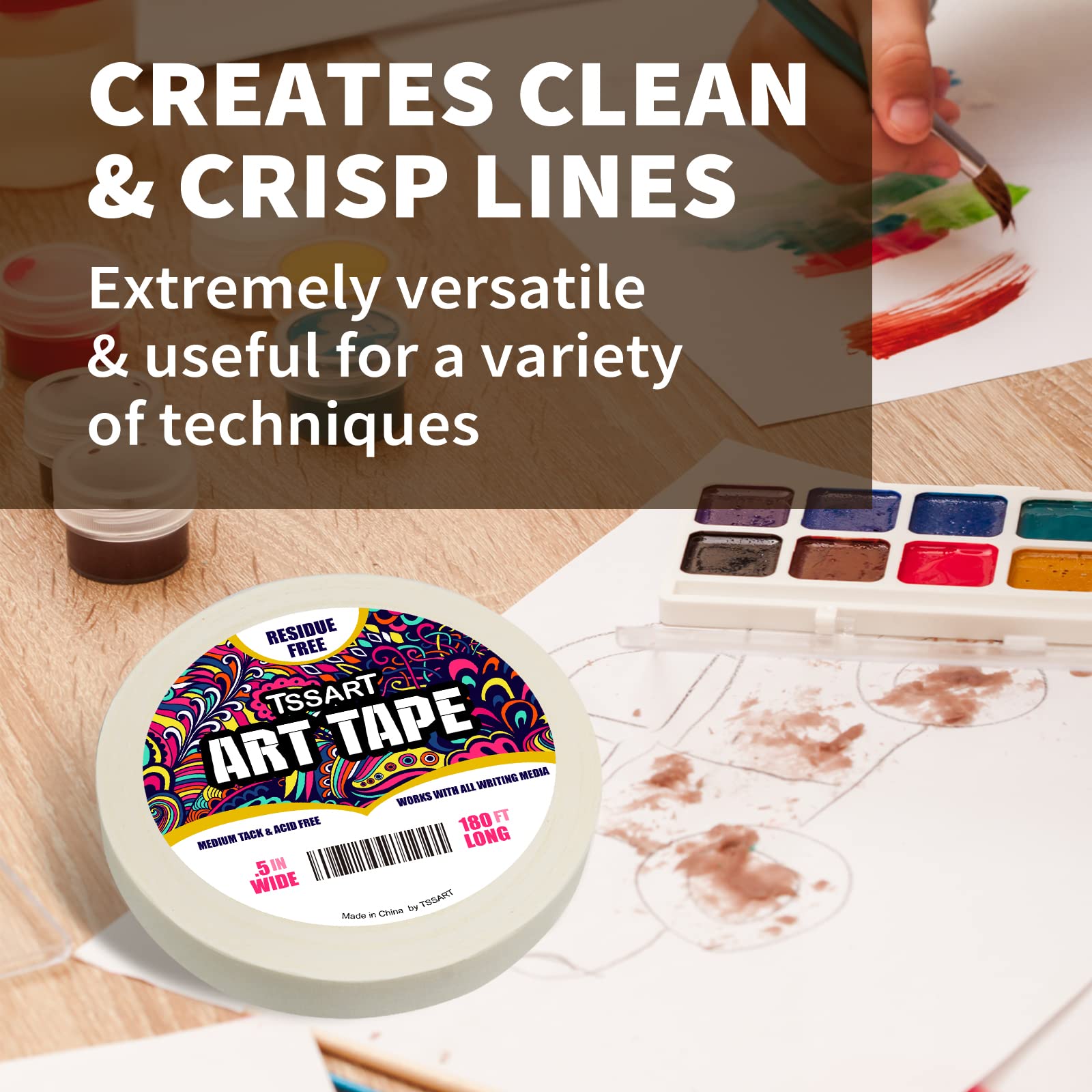 White Art Tape Medium Tack - Masking Artists Tape for Drafting Art Watercolor Painting Canvas Framing - Acid Free 1/2Inch/ 0.5inch Wide 180FT Long