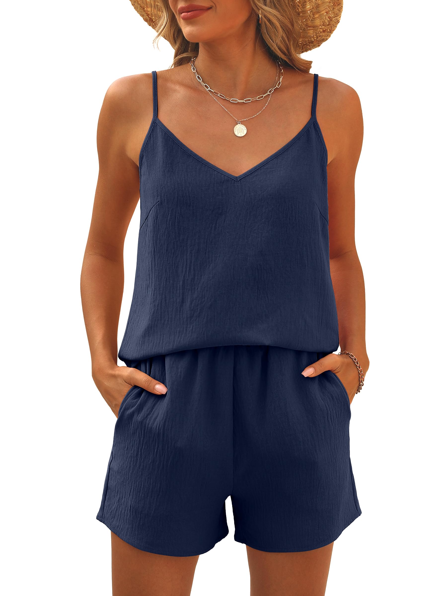 Photo 1 of Caracilia Lounge Sets for Women 2 Piece Travel V Neck Tank Short Matching Set Summer Casual Spring Trendy Comfy Outfits 2025 Navy Blue X-Large