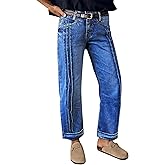Flamingals High Waist Crop Straight Leg Jeans for Women Loose Fit Wash Pleated Roll Hem Denim Jeans Without Belt