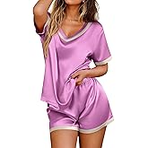 Ekouaer Silk Pajamas for Women Short Sleeve Satin Sleepwear Soft 2 Piece Pjs Shorts Set Loungewear,S-XX