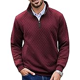 URRU Men’s Quarter Zip Pullover Quilted Sweater Long Sleeve Mock Neck Polo with Pocket