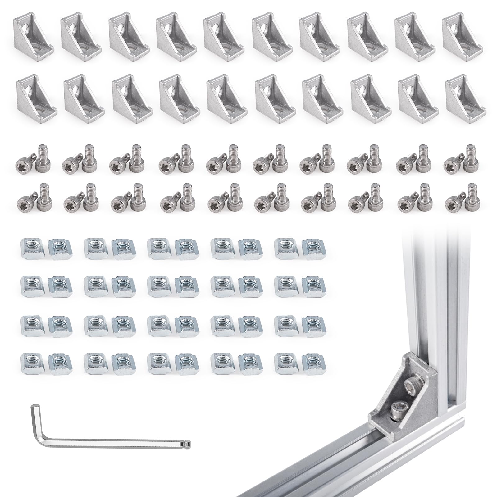 Photo 1 of 20 Sets Silver 2020 Corner Bracket Kit for 2020 & 2040 Aluminum Extrusion - 2028 Brackets, Sliding T-Nuts & Hex Screws, 1 Ball-End Hex Wrench – for 20 Series 6mm T Slot Extruded Aluminum Accessories