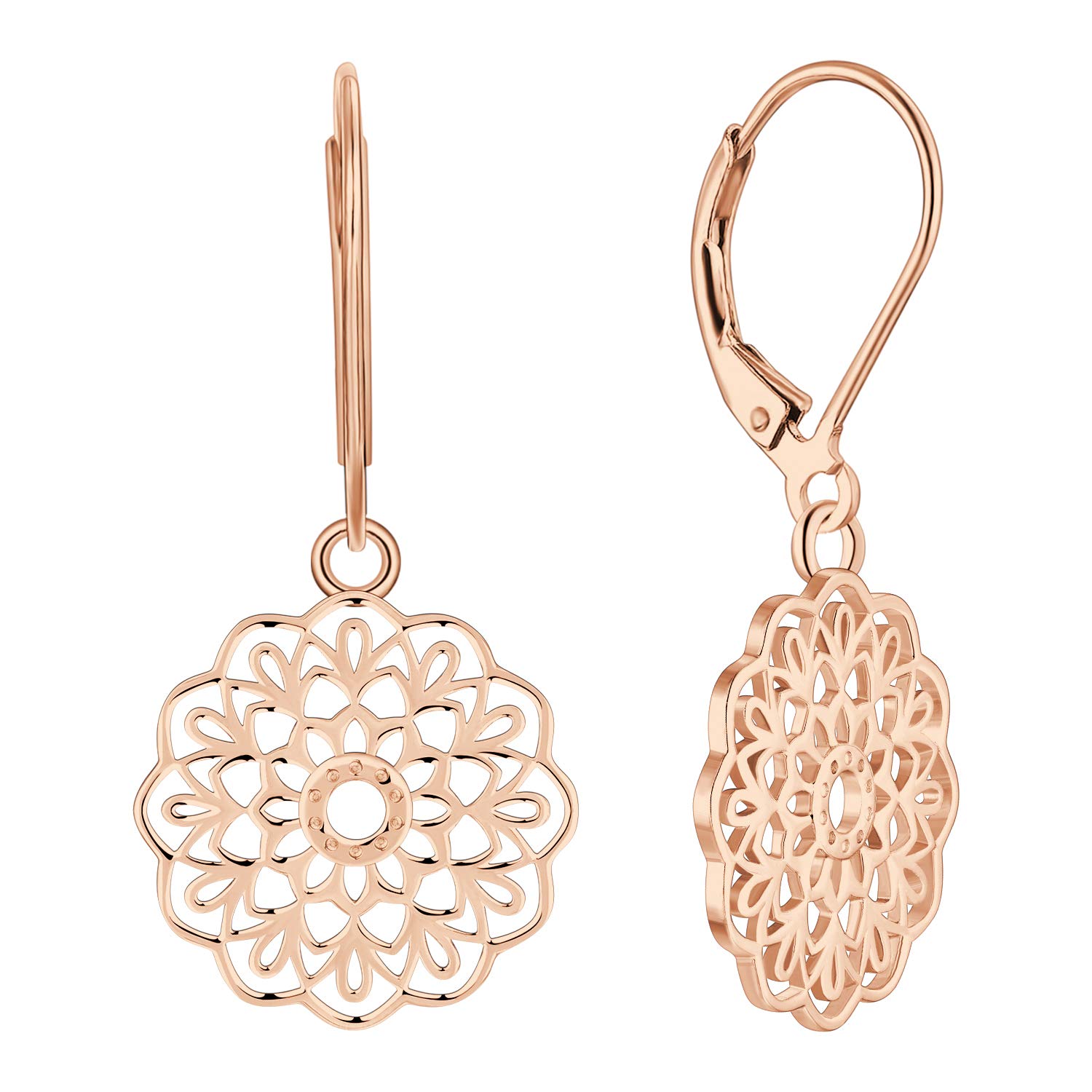 JO WISDOM Mandala Earrings,925 Sterling Silver Flower of Life Yoga Leverback Dangle & Drop Earrings Rose Gold Plated,Jewelry for Women