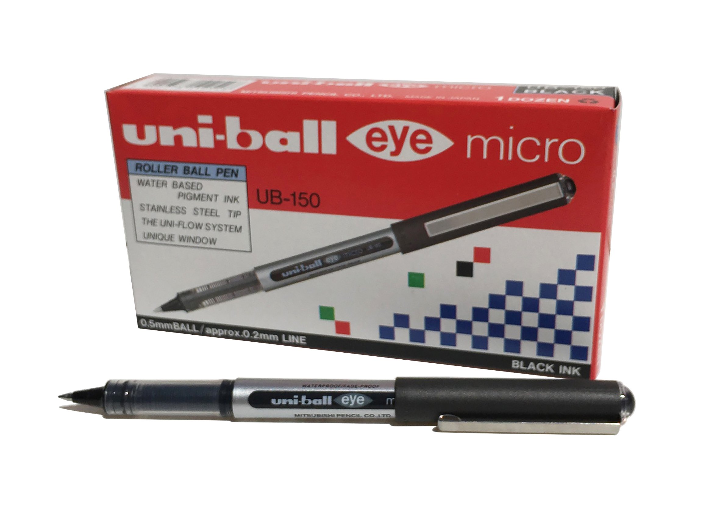 uni-ball Eye Micro Black Rollerball Pens, Premium 0.5mm Ballpoint Tip for Super Smooth Handwriting, Drawing, Art, Crafts, Colouring, School, Fade and Water Resistant Liquid Uni Super Ink, 12 Pack