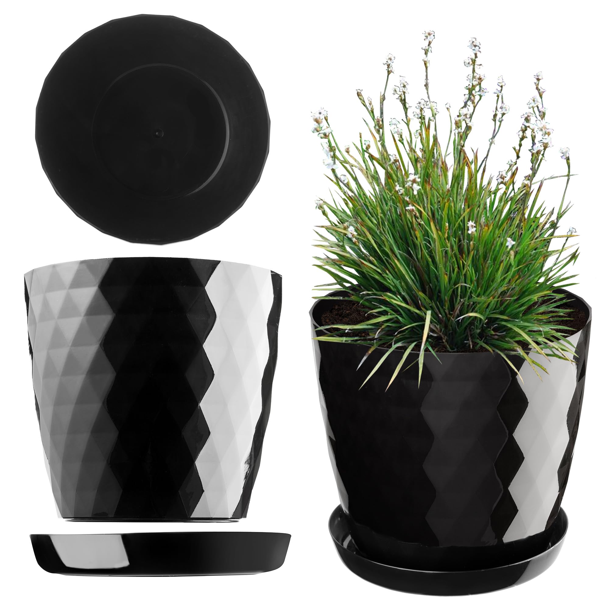 KADAX Plastic Flower Pot, Durable Plant Pot with Saucer for Houseplants, Decorative Planter in Several Colours for Indoor Use (Black, 14 cm)