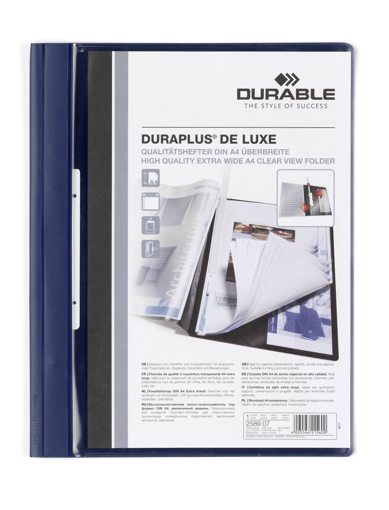 Durable Duraplus De Luxe 258907 Clear View Presentation Folder A4 - Dark Blue (Pack of 25)