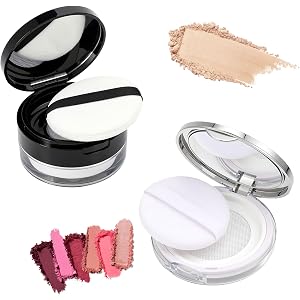 2 Pcs Loose Powder Containers with Puff & Mirror, Empty Makeup Powder Case | Reusable Plastic Powder Container Compact with N