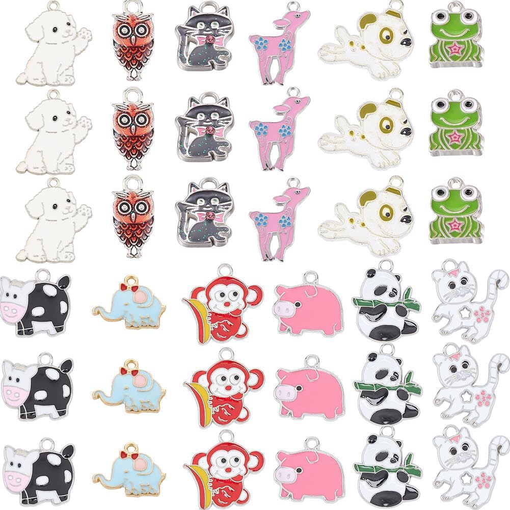 SUNNYCLUE 36Pcs Assorted Enamel Charms Gold Plated Animal Cat Panda Cow Dog Charms Pendants for Jewelry Making Necklace Earrings Bracelet Craft Findings