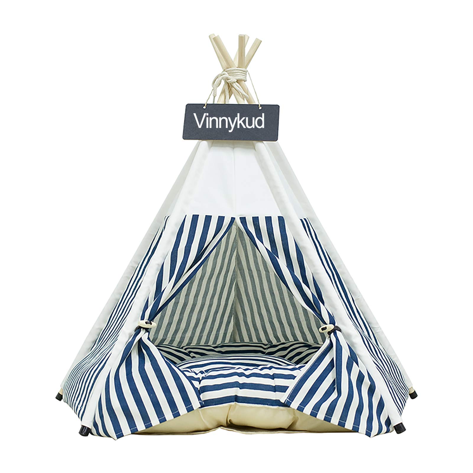 Vinnykud Pets Teepee Dogs Tent Stripes Removable and Washable Cats Tents Dog/Cat Bed Play House With Cushion (Blue, L:60x60x70cm)