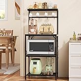 Korfile Kitchen Bakers Rack with Storage Shelves, Small Coffee Bar Cart with 8 Hooks, 4 Tiers Microwave Stand Station with Ad