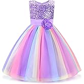 Uhnice Little Girl's Sequin Sleeveless Mesh Rainbow Dress for Wedding Party