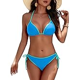 Zonsaoja Women String Bikini Halter Side Tie Two Piece Swimsuit Color Block Triangle Bathing Suits