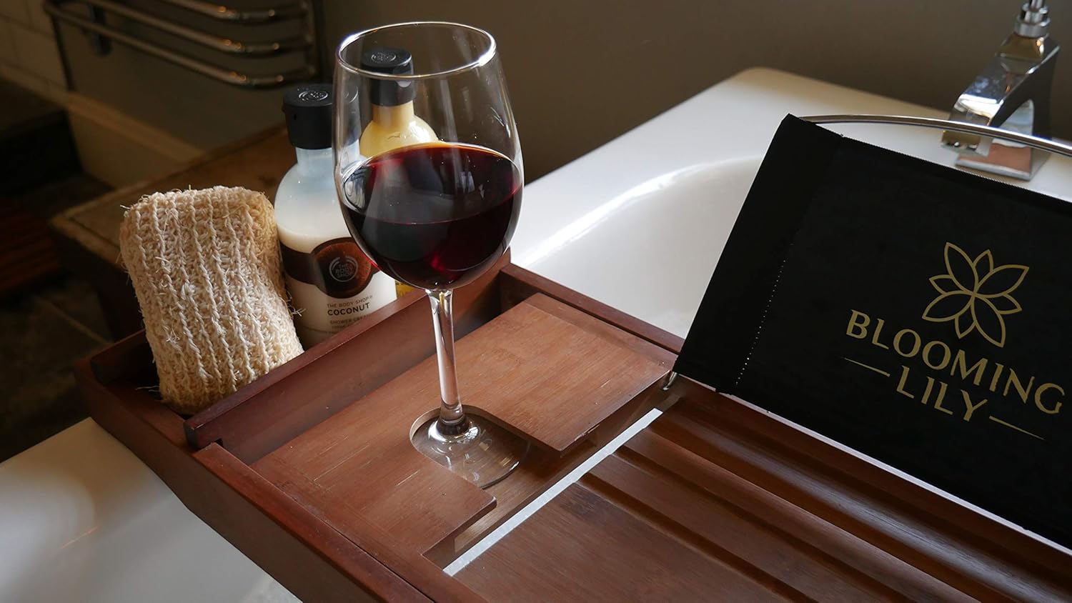 Blooming Lily Bathtub Tray - Sturdily Designed Bath Caddy with Wine Glass Holder, Ipad Stand and More Suitable for Most Baths (Brown): Kitchen & Dining
