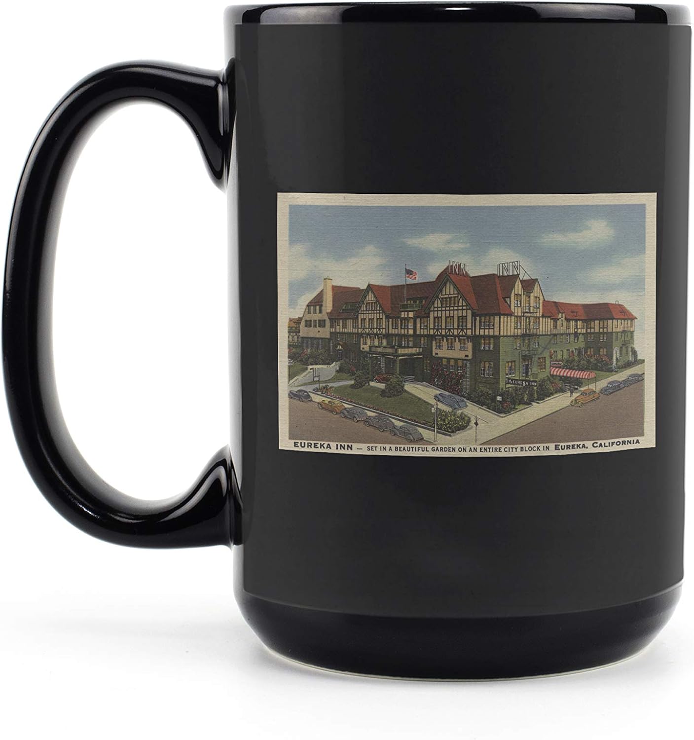 Lantern Press Eureka Inn Hotel View in Eureka, California 6076 (15oz Black Ceramic Mug - Dishwasher and Microwave Safe)