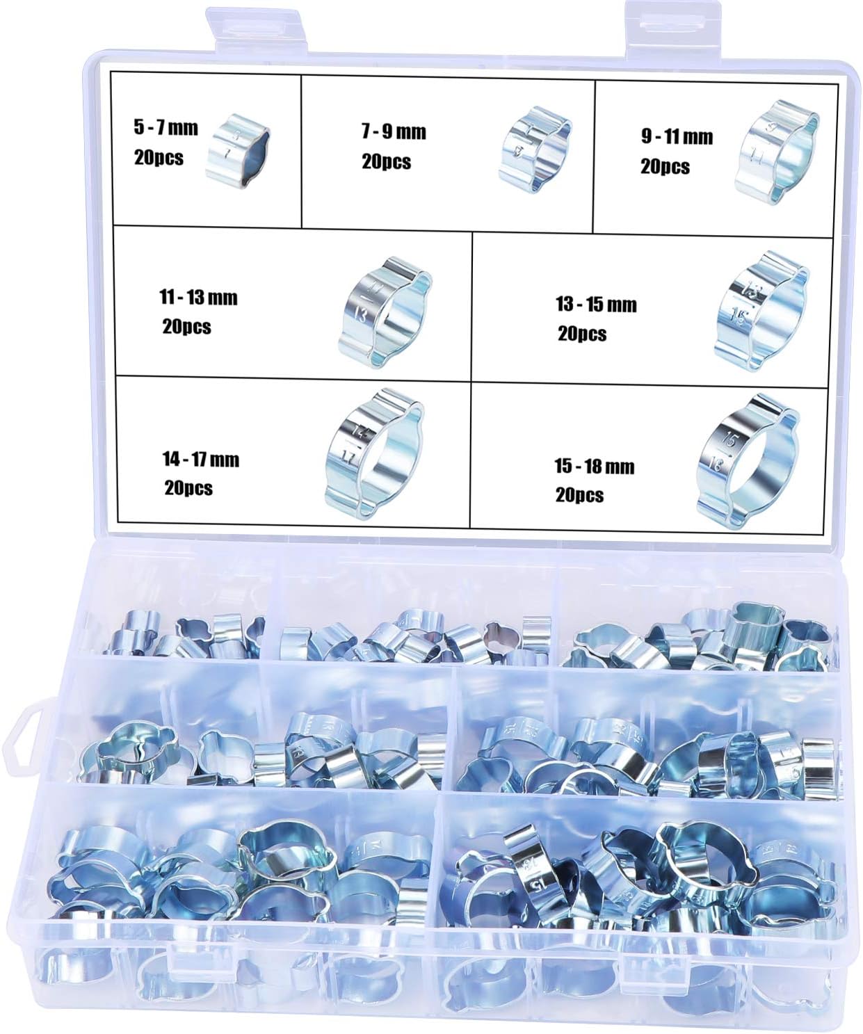 OCR 7-20mm 7Size Double Ear Hose Clamps 140-Pack, Silicone Vacuum Pipe Tube Hose Stainless Steel Fasteners Clips Assortment Kit