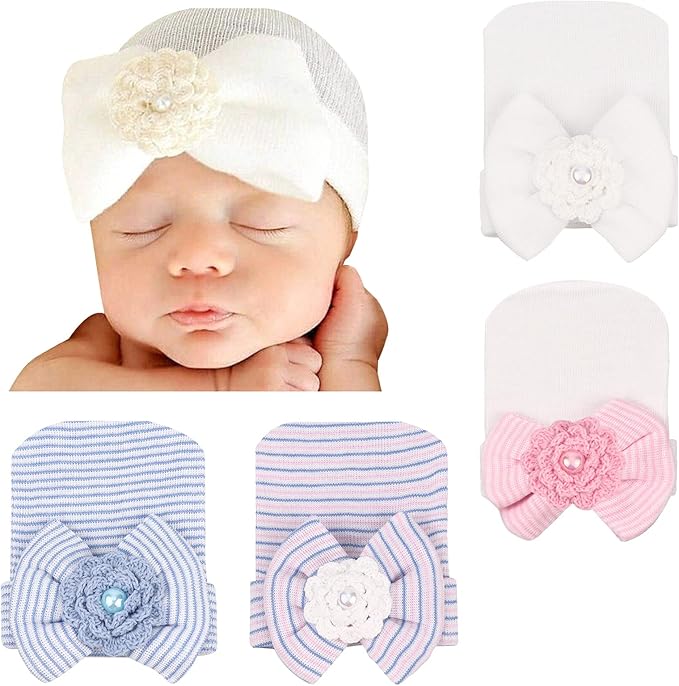 AQOKKA Paquete de 4 gorros de hospital, para recién nacidos, con lazo