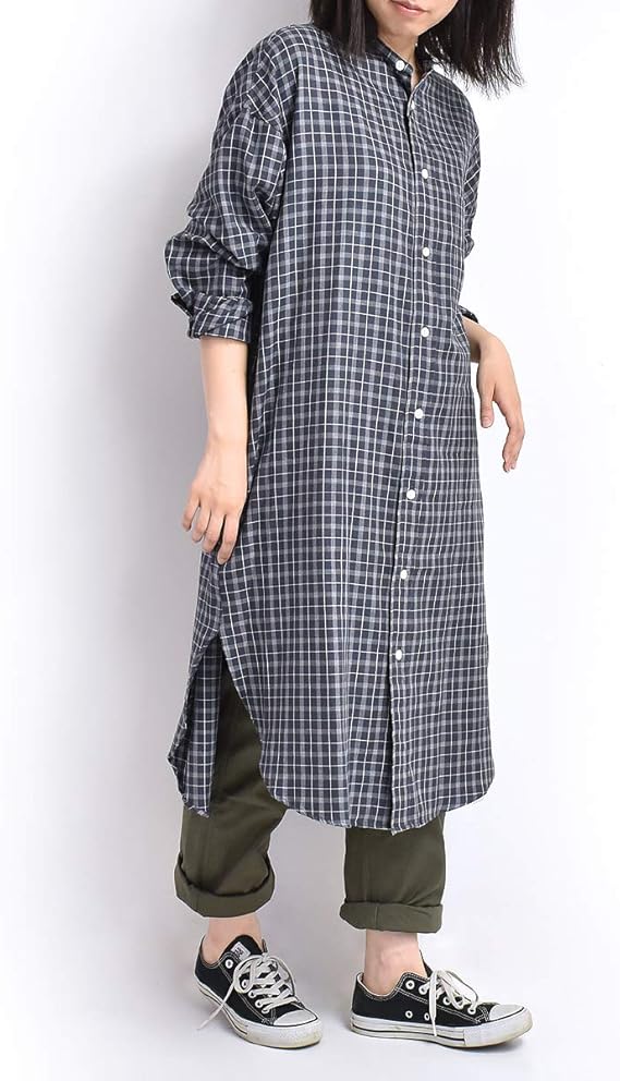 Amazon ジムフレックス Gymphlex ビエラチェック バンドカラー シャツ ワンピース J 1310vnb サイズ14 30 オレンジ チャコールグレー ワンピース チュニック 通販