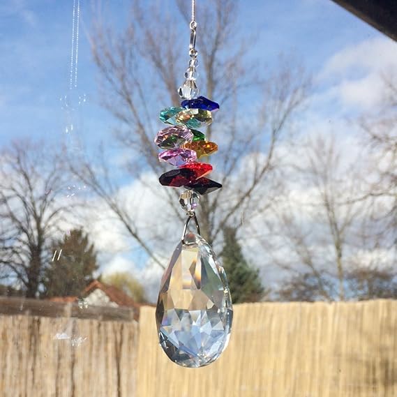 Set Fensterdeko Kristall Wachtel mit bunten Kristallsteinen Regenbogenkristall Feng Shui Mobiles Länge 58cm zum aufhängen
