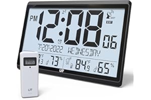 LFF Atomic Clock/Never Needs Setting, Battery Operated, Atomic Wall Clock with Indoor/Outdoor Temperature & Humidity, Wireless Outdoor Sensor, 15" Digital Wall Clock with 4.5" Numbers Easy-to-Read
