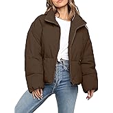 Polu Women's Puffer Jackets Oversized Long Sleeve Winter Zipper Coat Warm Quilted Jackets with Pockets(Brown,XS)