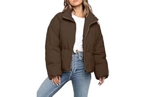 Polu Women's Winter Cropped Puffer Jacket Oversized Long Sleeve Full Zip Puffy Coat Warm Quilted Jacket with Pockets