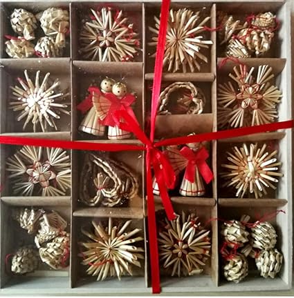 Melodesign Weihnachten Strohanhänger große Holzbox 48 Stück Stoh-Deko XXL Box Christbaumschmuck Weihnachten Weihnachtsdekoration Weihnachtsschmuck Geschenkidee