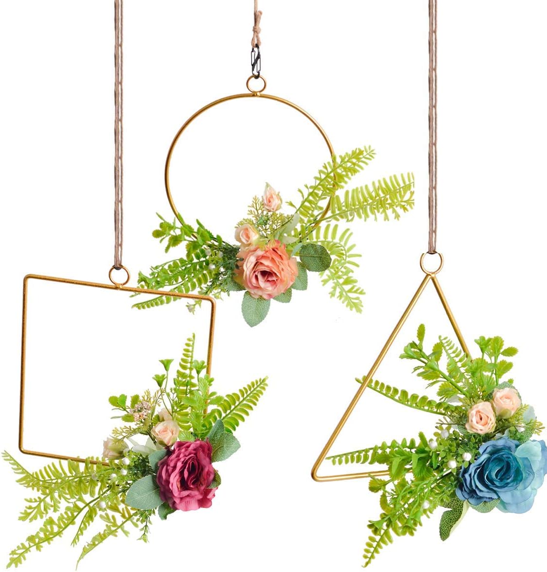 Romase Floral Hoop Wreath Set of 3 Artificial Rose Champagne Flower with Fern Greenery Leaves Wall Hanging Metal Hoop Garland for Wedding Arch and Reception Baby Shower and Nursery Wall Décor