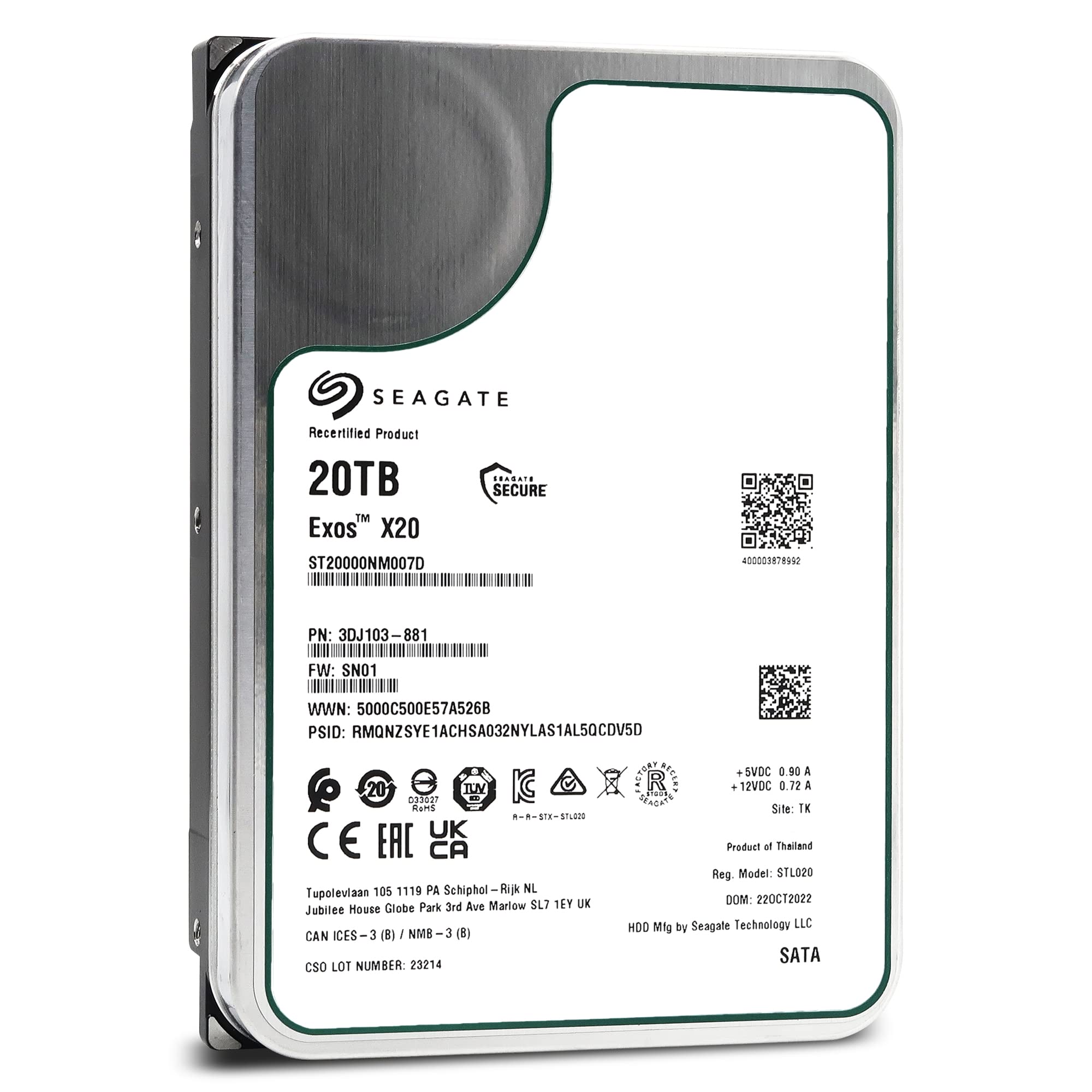 Seagate Exos X20 ST20000NM007D 20TB 7.2K RPM SATA 6Gb/s 3.5in Hard Drive (Renewed)