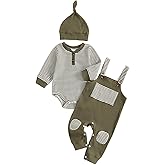 POZMTIORE Baby Boy Clothes Cute Animal Suspenders outfit Striped Romper Animal Embroidery Overalls and Hat 3Pcs Set