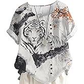 MARSVOVO Women's Tunic Tops Dressy Casual Blouses Novelty Print Outfits Decorative Buttons Plus Size Short Sleeve Shirts