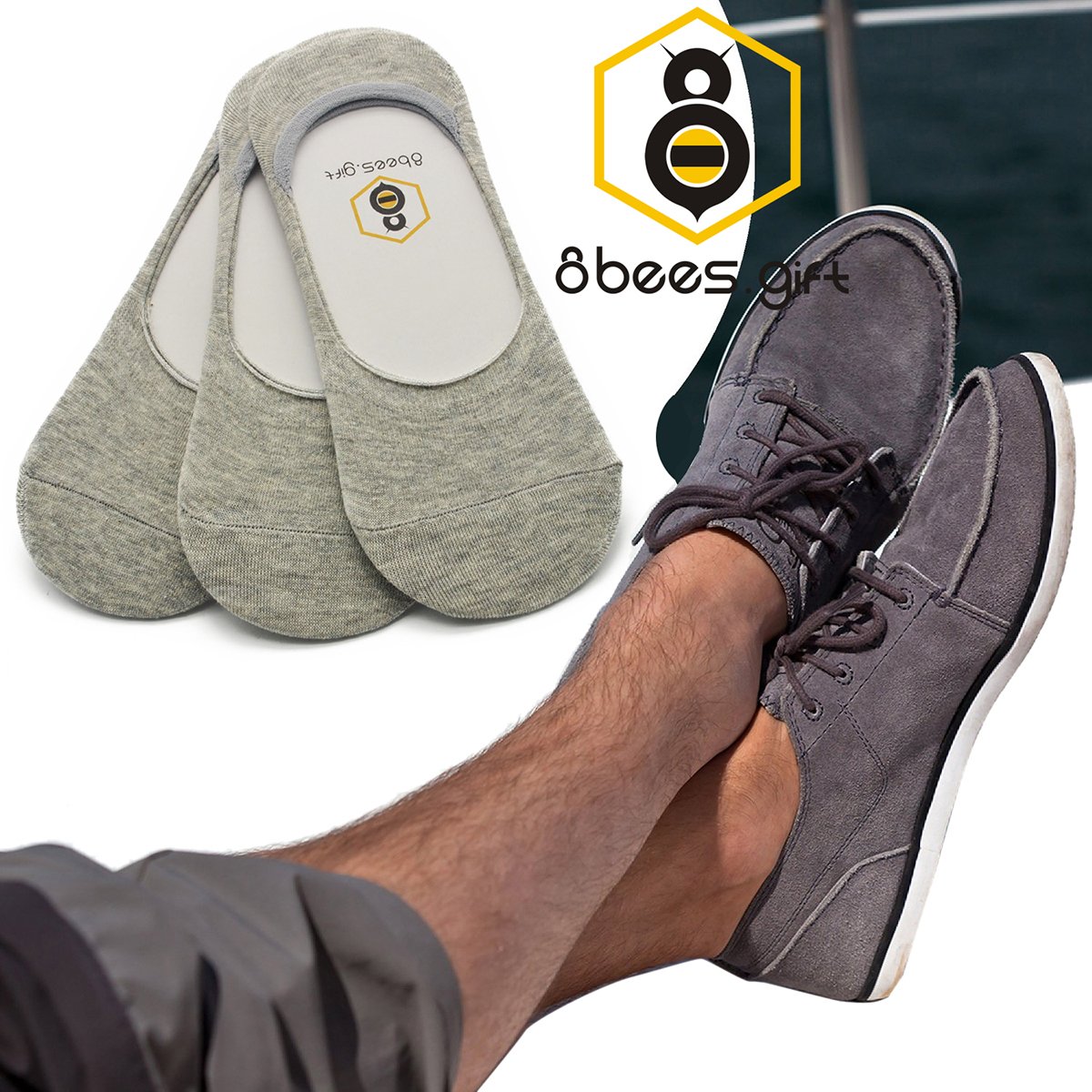 No Show Socks 8BEES GIFT Mens Socks Low Cut Non-Slip Grips Grey M, 3 Pairs