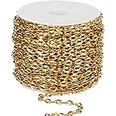 33 FT 18K Gold PVD Plated Flat Cable Chains Roll, 3.5mm Width 304 Stainless Steel Gold Oval Cable Link Chain Bulk Spool for Jewelry Making DIY Craft