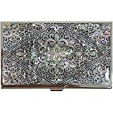 Nacreh Mother of Pearl Business Card Case Credit Id Name Holder Travel Wallet Art Painting Design Metal Stainless Steel Engraved Slim Purse Pocket Cash Money Wallet (Diamond Arabesque)