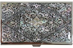 NACREH Mother of Pearl Business Card Case Credit Id Name Holder Travel Wallet Art Painting Design Metal Stainless Steel Engraved Slim Purse Pocket Cash Money Wallet (Diamond Arabesque)