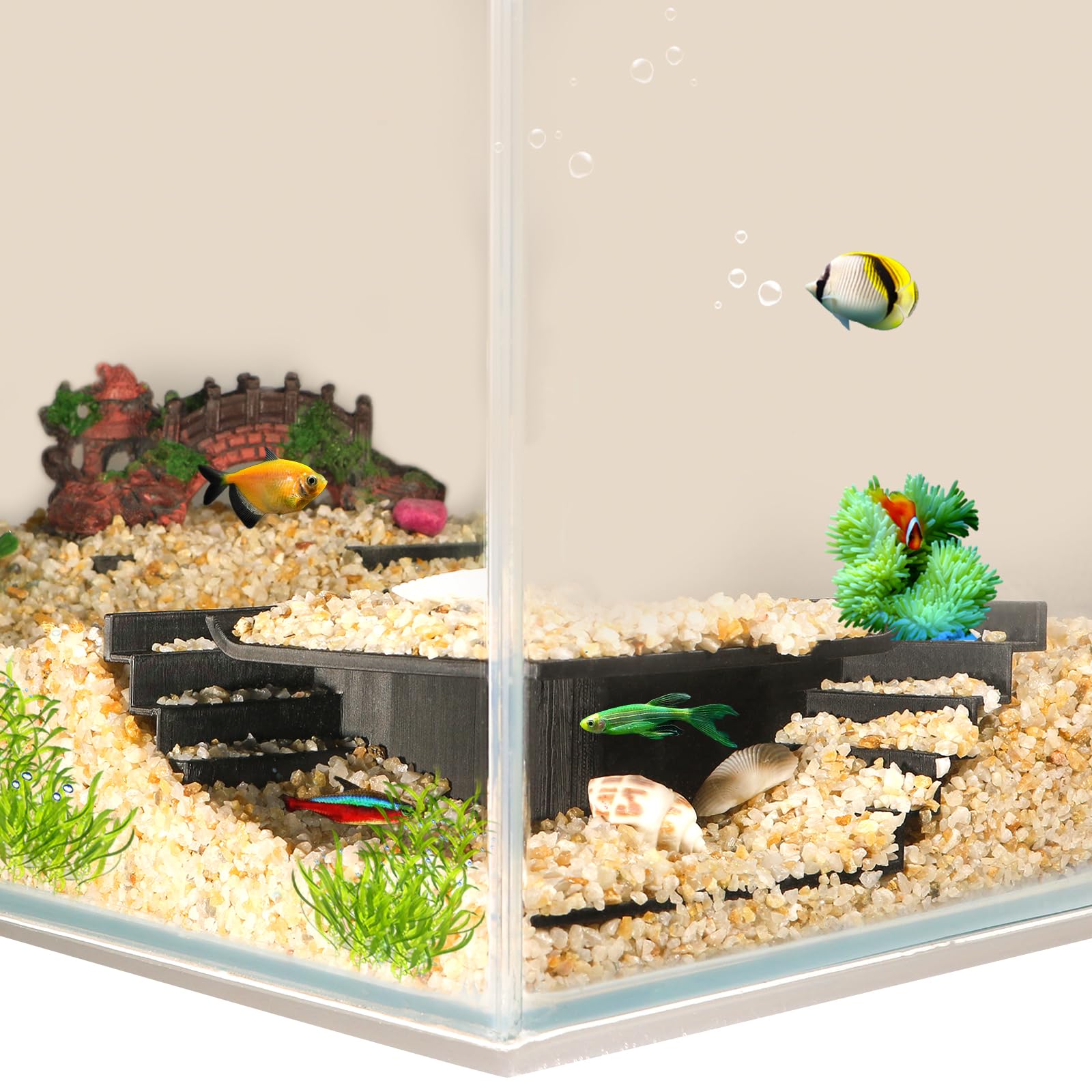 Photo 1 of LingoFoto Aquarium Undergravel Fish Tunnel Hide Cave Corner Tank Decorations Under Gravel Viewing Tunnel Fish Cave for Aquarium Hideout (Black,Style 1)