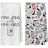 BlissfulAbon Mahjong Gifts Kitchen Towels Set - Mahjong Gifts for Women Decorative Waffle Dish Towels, Hand Towel, Tea Towel, 16x24 Inch Set of 2