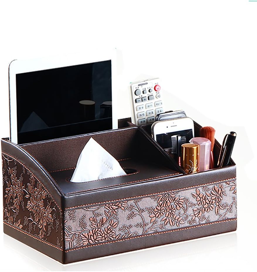 Multifunctional Desktop Organizer PU Leather Desk Tidy Tissue Box Pen Pencil Remote Control Holder Ladder Design for Home Office