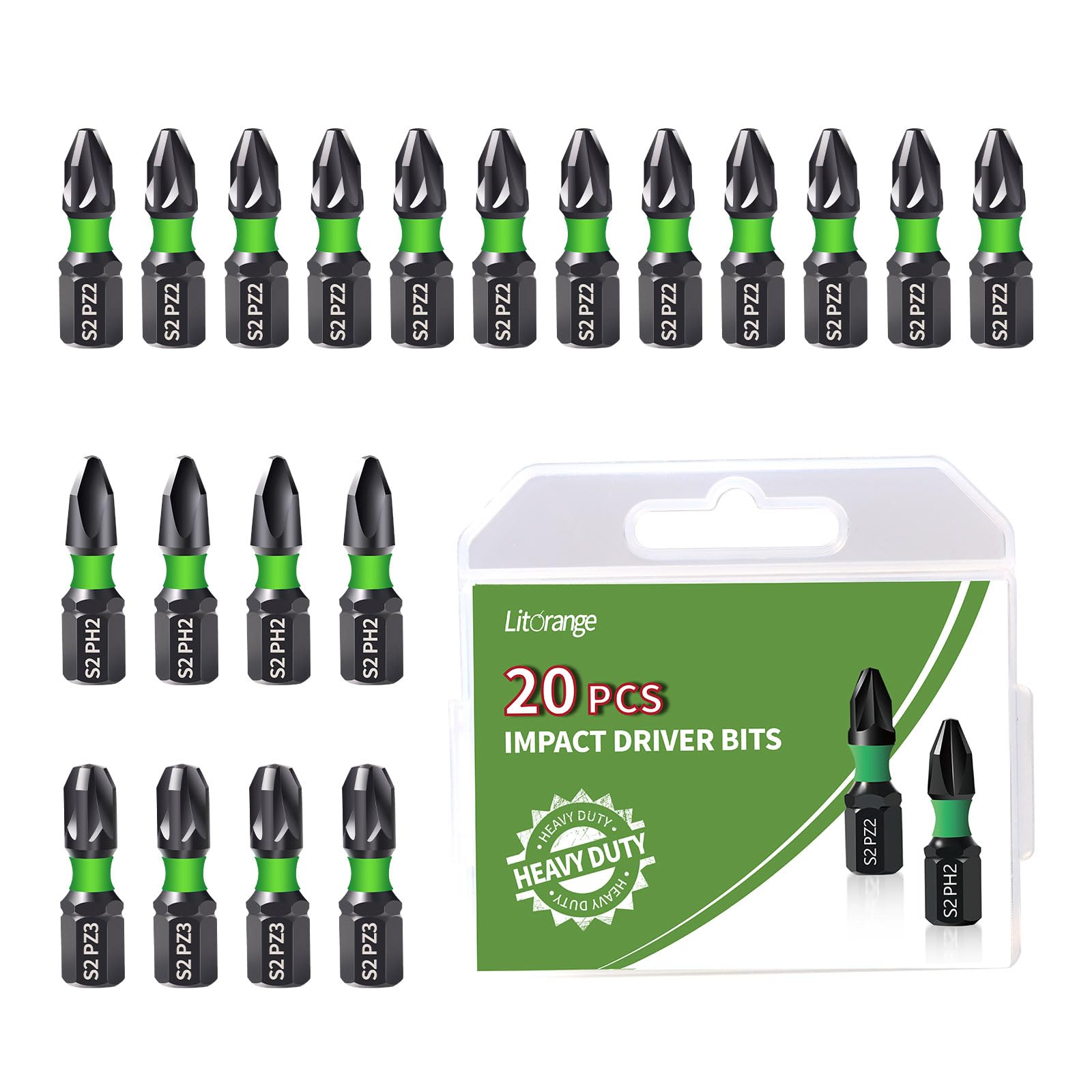 Litorange 20Pcs 25 mm PZ2 PZ3 PH2 Impact Driver Bits, S2 Steel Screwdriver Bit Set