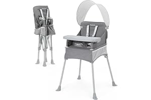Ezebaby Baby Portable High Chair with Sun Canopy, Foldable High Chairs for Babies and Toddlers with Detachable Tray and 5-Point Harness, Travel High Chair for Indoor and Outdoor Use, Gray