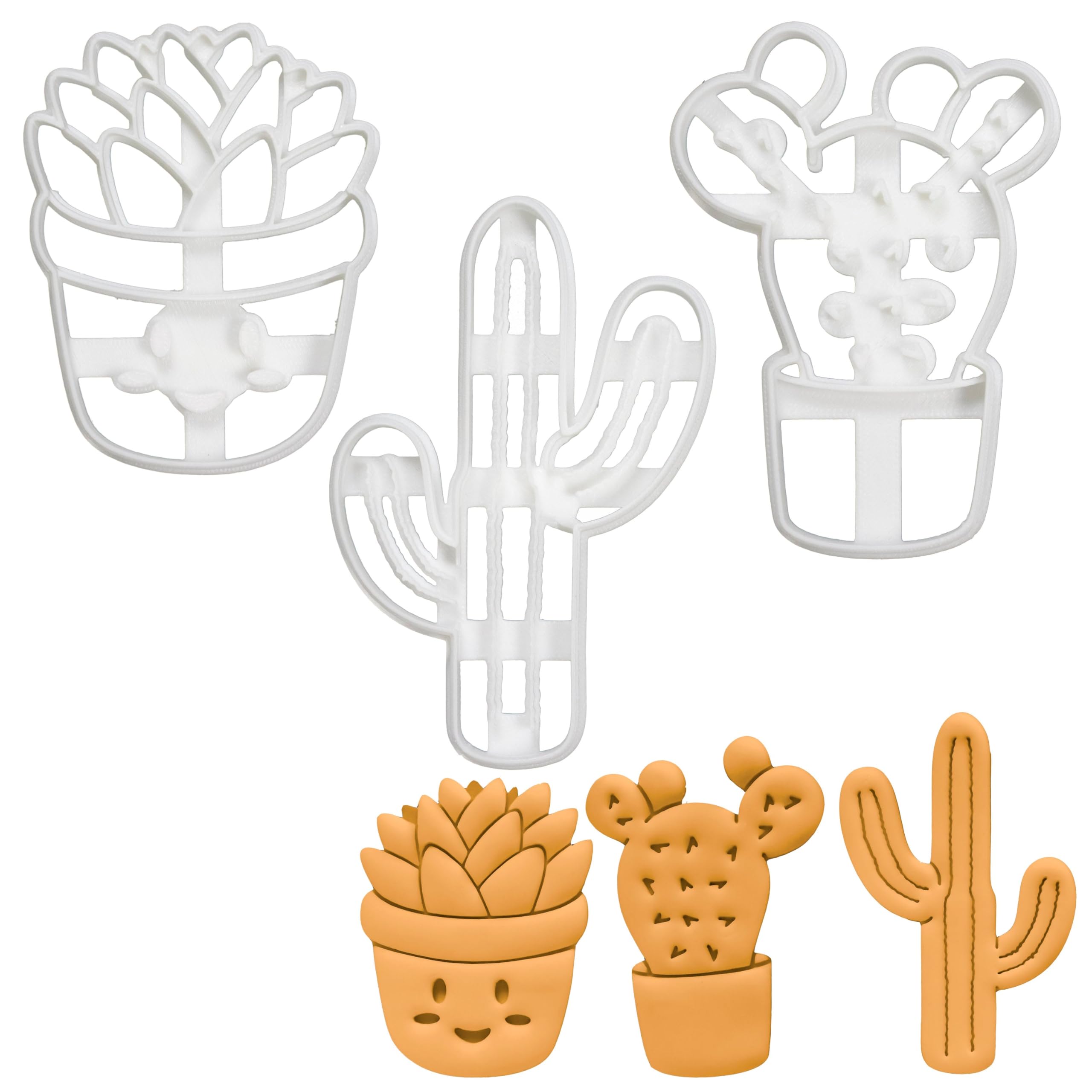 Bakerlogy Set of 3 Cactus Cookie Cutters (Tall Saguaro, Potted Prickly Pear, Kawaii Succulent)
