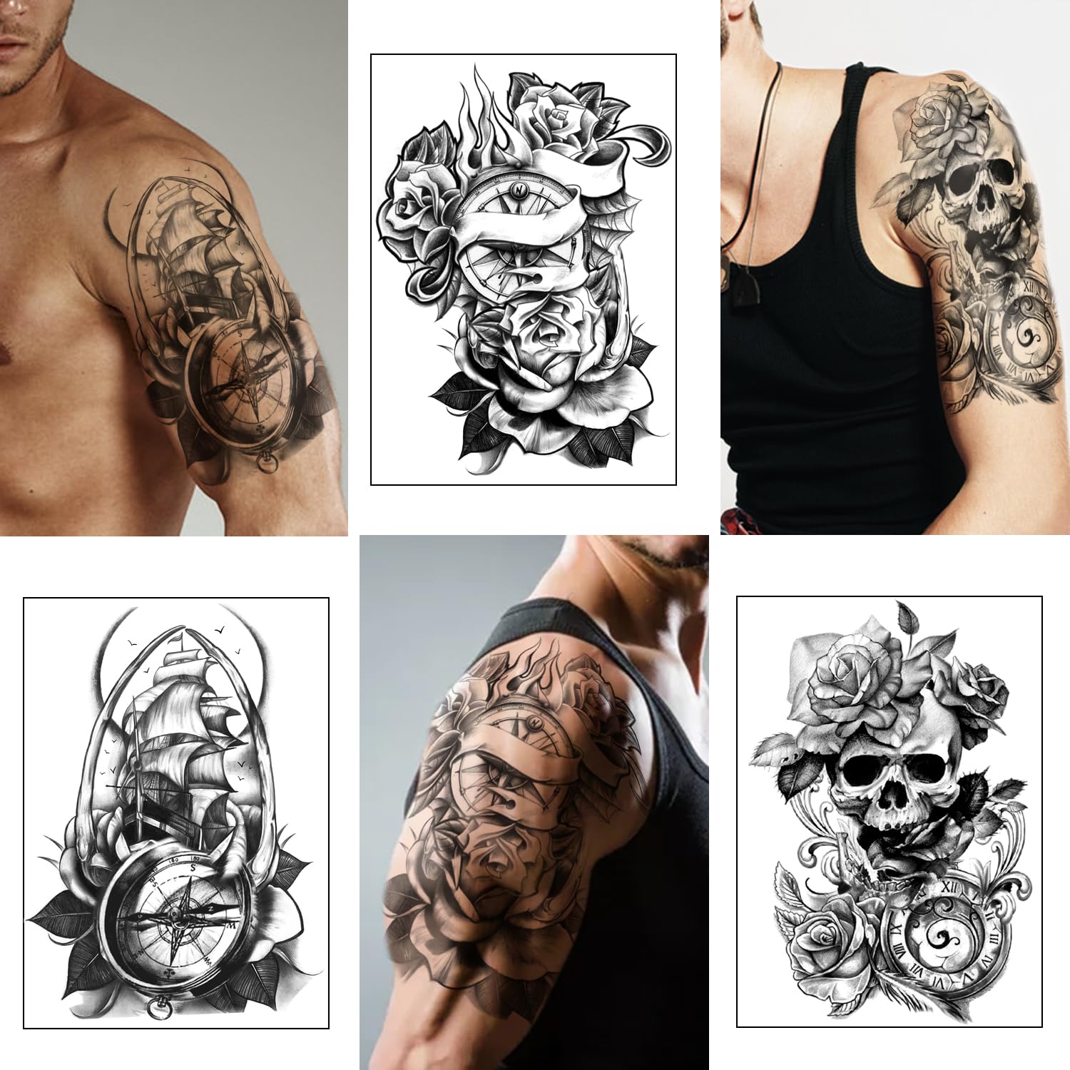 Yazhiji 36 Sheets Temporary Tattoos Stickers, 12 Sheets Halloween Tattoo Scary Lion Wolf Skull Fake Body Arm Chest Shoulder Tattoos for Men or Women with 24 Sheets Tiny Black Tattoos (9.45