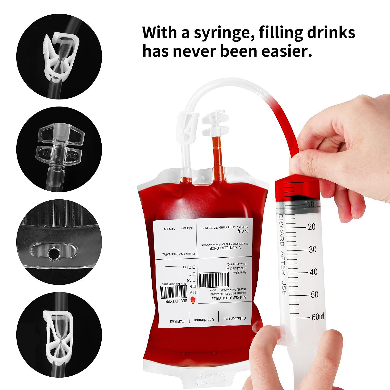 50 Packs Halloween Blood IV Bags for Drinks, Halloween Drinks Pouches Reusable Juice Container for Zombie Theme Carnival Vampire Party Decorations Supplies, 12.6 fl.oz (50pcs Bag, 50 Label,3 Syringes)