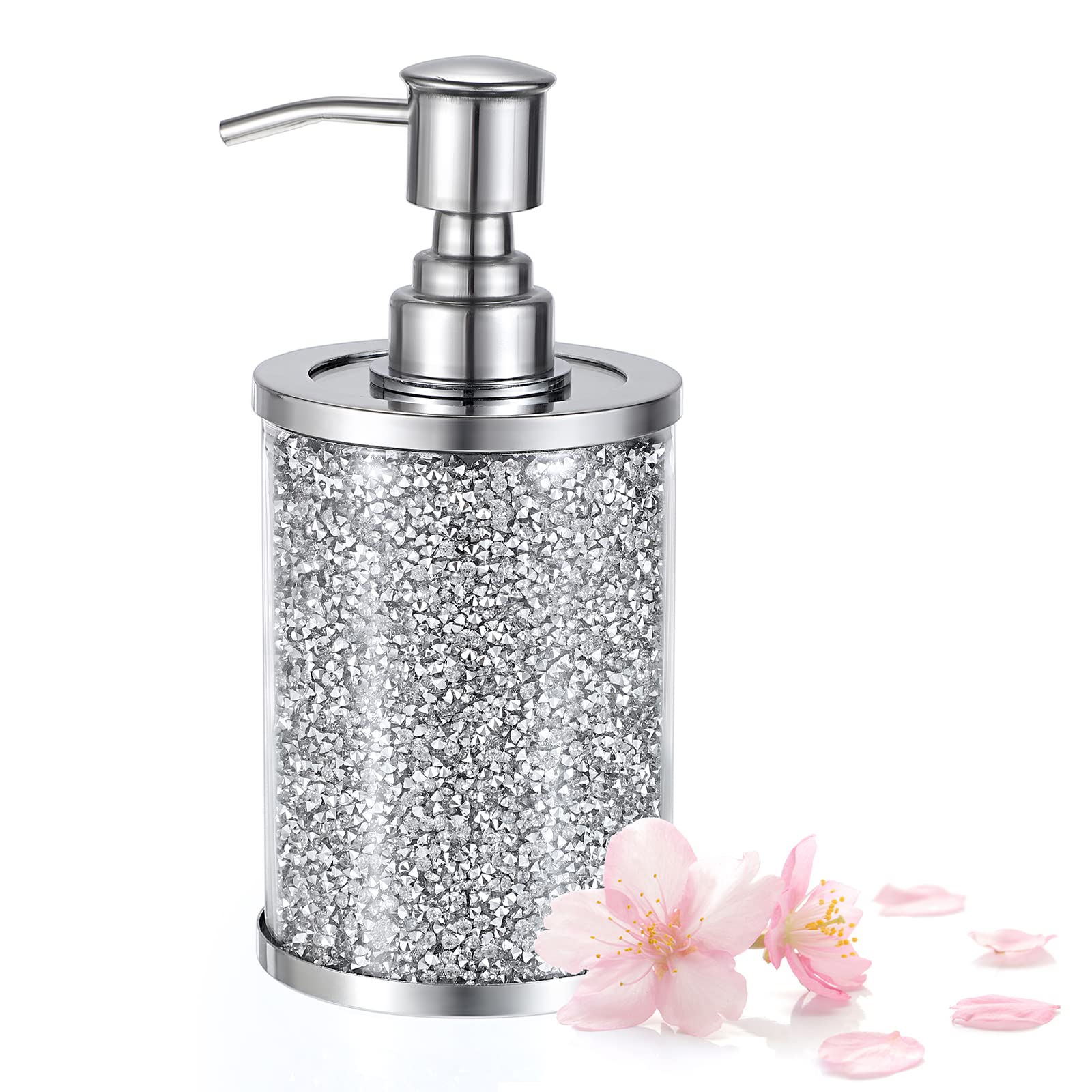 BTSKY Sparky Glass 350ml/12 Oz Soap Dispenser Bottle - Crushed Diamonds Wash Hand Liquid Dish Detergent Shampoo Lotion Refillable Dispenser Bottle with Stainless Steel Pump for Kitchen Bathroom Sink