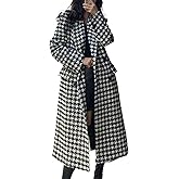SOMTHRON Women's Houndstooth Trench Coat Notch Lapel Double Breasted Quilted Lined Long Jacket Overcoat Pea Coat