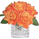 Fule Artificial Silk Rose Flower Centerpiece Arrangement in Glass Vase with LED Light for Home Wedding Decoration (Orange)
